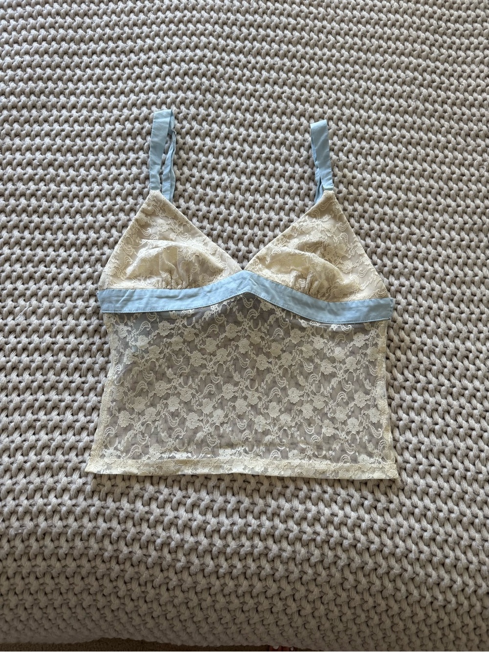 Edikted Lace Camisole Tank Top - Cream with Light Blue Trim